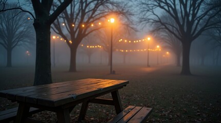 Foggy park pathway with glowing string lights and picnic table mist trees