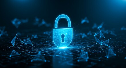 Digital lock with futuristic blue glow secured by data protection and cyber security technology.