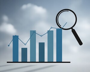 Magnifying glass over bar chart and line graph with cloudy sky background analysis analytics