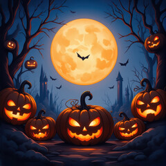 Halloween Pumpkins Silhouette With Full Moon