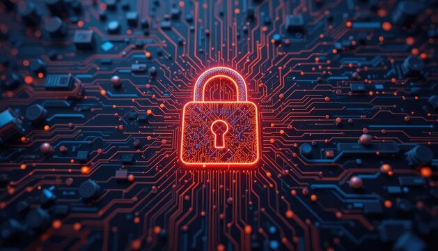 A digital padlock over a complex circuit board with glowing red lines and dark geometric shapes around it