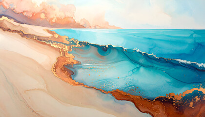 Naklejka premium Abstract Coastal Landscape Painting: Teal Waves and Golden Sand