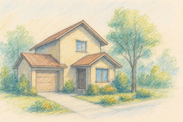 Obraz premium 明るい雰囲気の戸建住宅カラーパース図