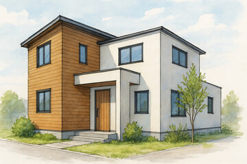 水彩風に彩色されたモダン住宅の外観パース図