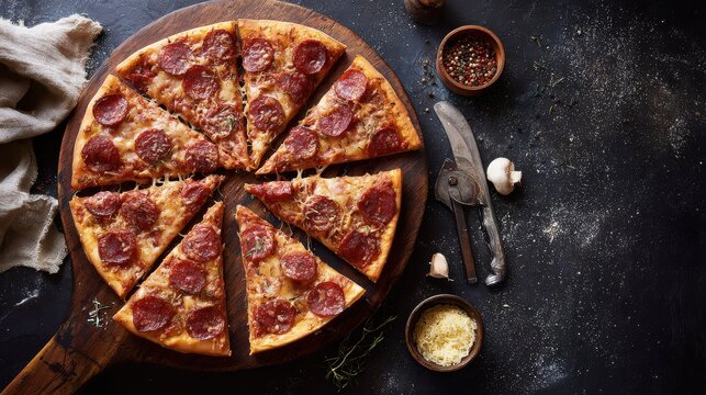 Tasty pizza with melted cheese presented on rustic surface, perfect for delivery services, family meals, or comfort food concepts.