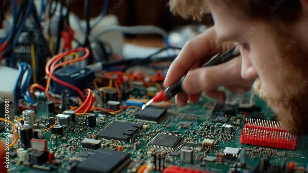 Poster tech fixes circuit board using precision tools