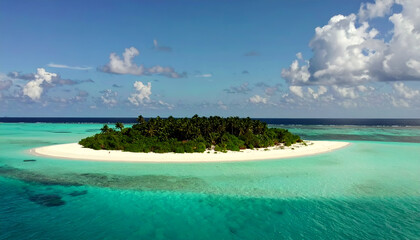 Aerial View of a Lush Tropical Island with White Sand Beach and Turquoise Water