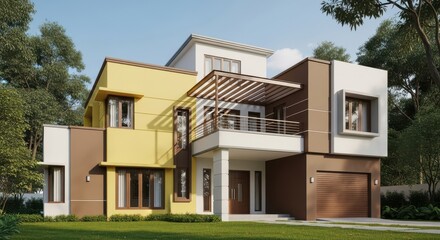 Modern contemporary two story house with yellow and brown facade and attached garage