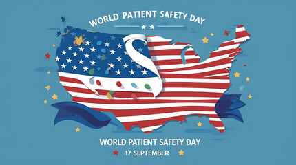 “WORLD PATIENT SAFETY DAY” with a smaller line beneath that reads “17 SEPTEMBER.”, Illustration of the United States map filled with an American flag pattern
