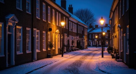 Nighttime Snowy Street Scene with Warm Streetlights in Quiet Residential Neighborhood