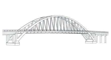 Detailed line drawing of a modern steel truss arch bridge.