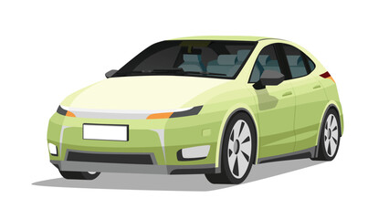 Perspective of luxury sedan car green color. See the equipment inside the car. On isolated white background with shadow of car. Transparent glass with black film.