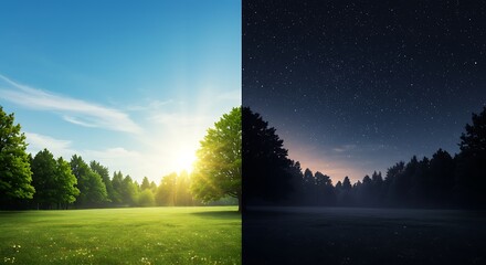 Vibrant day and starry night split of a serene park landscape