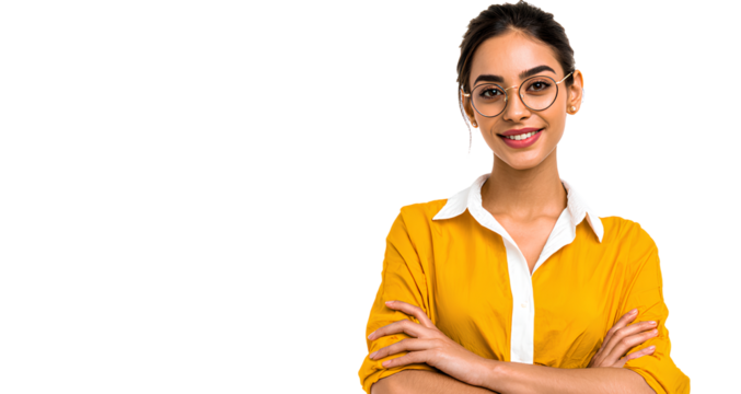 beautiful young indian woman in a yellow blouse and black pants, wearing glasses, smiling with her arms crossed on a white background