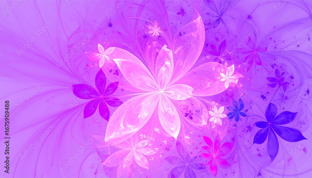 Poster a vibrant display of swirling, translucent blossoms in a spectrum of pinks and purples, creating an 