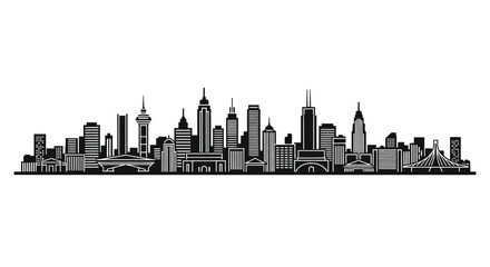 Obraz premium Detailed black and white silhouette of a modern city skyline with diverse architectural styles.