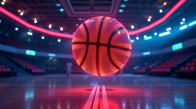 Glowing basketball suspended over illuminated court stadium