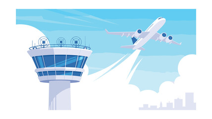 Cartoon Airplane Taking Off from Airport with Control Tower and City Skyline, Perfect for Children's Illustration, Business and Travel