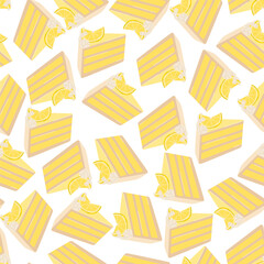 Lemon cake slice seamless pattern. Birthday dessert background. Holiday cake pie wallpaper illustration. Flat sweet vector clip art