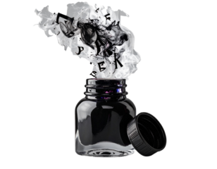 Elegant Ink Bottle with Floating Calligraphy Letters PNG