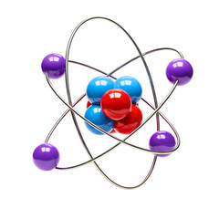 Colorful atomic model with orbiting electrons representing science and physics white background