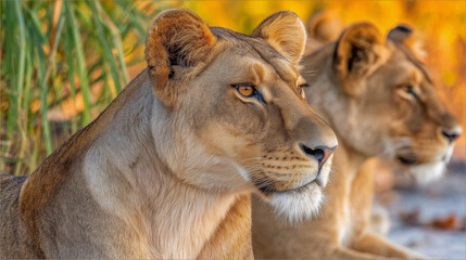 Obraz premium Majestic lions basking in the warm glow of a sunset in their natural habitat