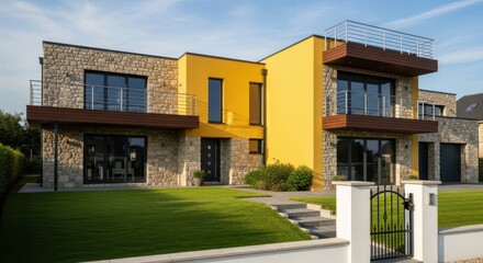 Modern architectural masterpiece featuring bold yellow accents and natural stone facade