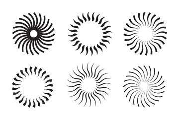 Radial sun burst. Black-white round sunburst icons. Starburst circles. Abstract stripes with centre. Sunburst elements isolated on white background. Circular stars. Vector.