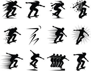 Collection of skateboarder silhouettes in motion with grunge and dynamic effects, representing extreme sport, energy, speed, and urban lifestyle