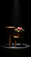 Moody chiaroscuro lighting on a fiddle-leaf fig plant and a wooden stool, creating a peaceful scene.