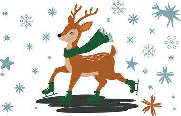 Brown reindeer ice skating wearing green scarf and skates © SHAMIM