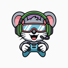 Naklejka premium Cute happy gamer mouse cartoon mascot wearing headset and futuristic glasses holding controller perfect for esports gaming illustration.