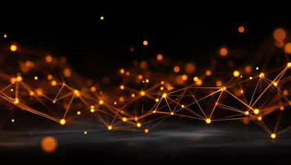 Abstract network of golden light points and lines on a dark background