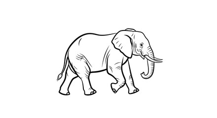 A detailed line drawing of an African elephant walking gracefully.