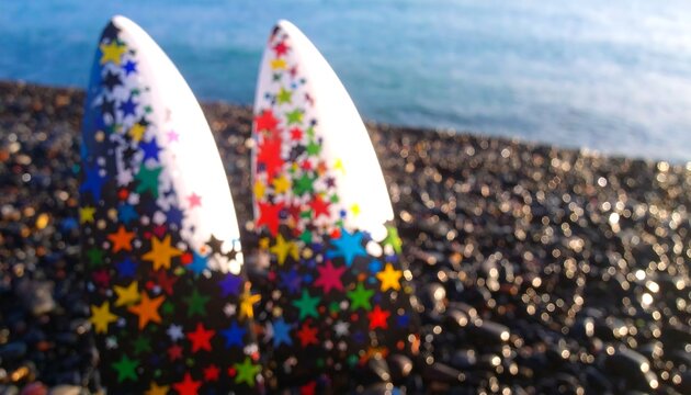 Colorful surfboard fins stand out against a pebble beach, showcasing a vibrant star design.