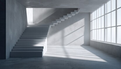 Obraz premium Empty modern concrete room with staircase. Sunlight streams through large windows
