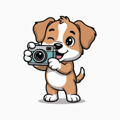 Cute cartoon puppy dog holding camera and taking picture, adorable pet animal illustration, photography mascot design, playful character for children, logo, and social media.