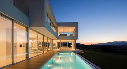 Fototapeta premium Modern luxury villa with infinity pool overlooking a serene sunset landscape