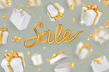 Sale and white gift boxes. Merry Christmas and Happy New Year. Background with confetti. Promo present. Holiday gift surprise banner, discount web poster 3d