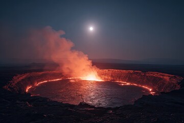 Fototapeta premium Volcanic crater glowing red-hot at night, with a full moon