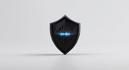 Dark shield with glowing audio waves on a light background
