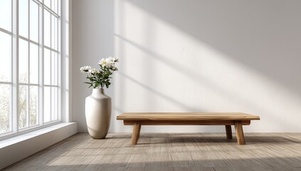 Modern minimalist room with a wooden bench and vase