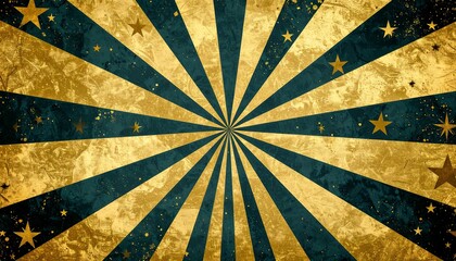 Vintage, radiating graphic design with gold and teal stripes, and scattered gold stars, creates a nostalgic, retro feel.