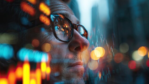 Close-up of a man looking thoughtfully at financial data reflected on a window.  A blurred urban night cityscape is visible behind the glass. - Powered by Adobe