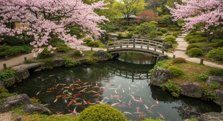 Serene Japanese Garden with Koi Pond and Cherry Blossoms in Spring
