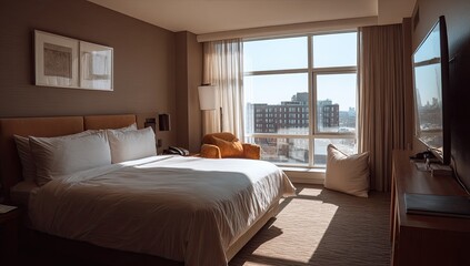 Modern hotel room with city view