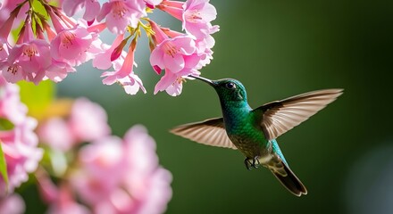 Hummingbird Feeding on Pink Flowers in Sunlight.