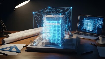 Architectural Design Process: Building Model with Digital Overlay and Blueprints on Desk - Powered by Adobe