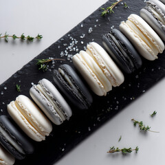 Elegant black and white macarons on slate board with herbs and sea salt &ndash; stylish dessert for New Year 2026 celebrations