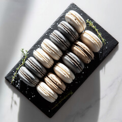 elegant arrangement of gourmet French macarons in black, gray, and white on a modern black slate serving board with fresh thyme and sugar